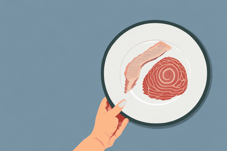 A curious dog looking at a raw turkey neck on a plate