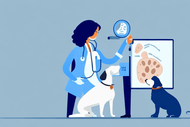 A veterinarian examining a dog with a visible scar