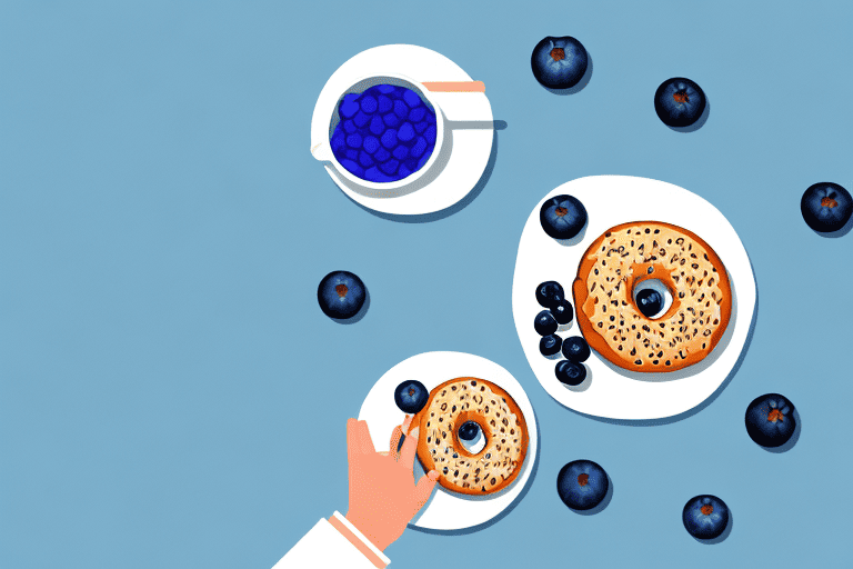 A curious dog sniffing a blueberry bagel on a table