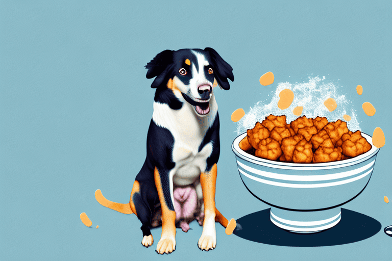 A curious dog sitting in front of a bowl filled with chick fil a nuggets