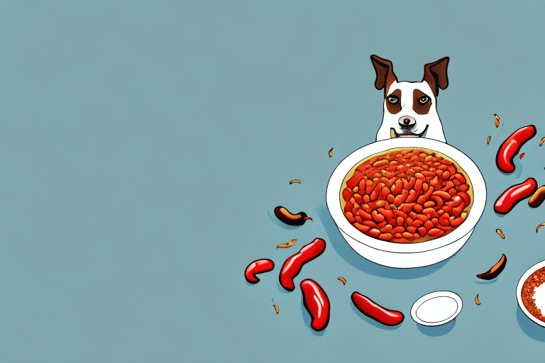 A curious dog looking at a bowl of chili beans placed on a table