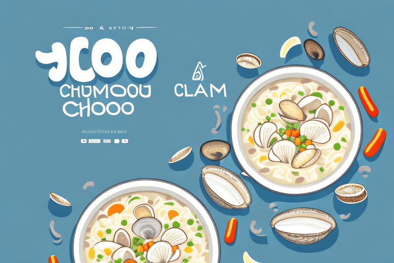 A curious dog peering into a bowl of clam chowder