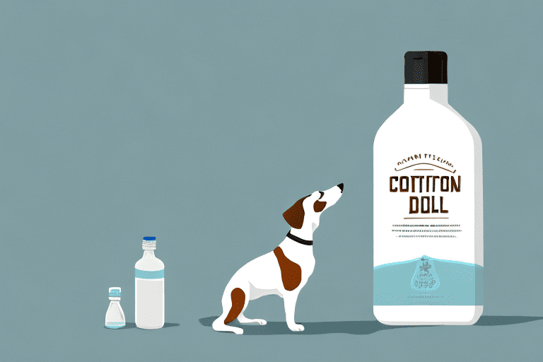 A curious dog sniffing a bottle of cottonseed oil placed on a kitchen counter