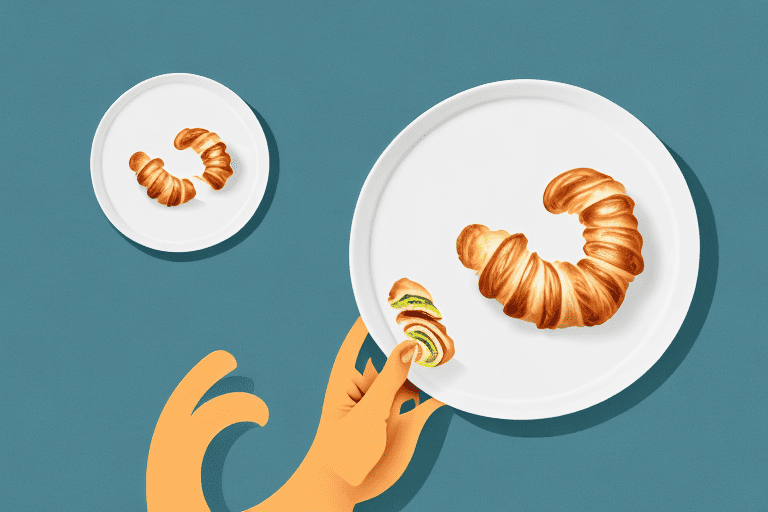 A curious dog sitting in front of a plate with a croissant on it