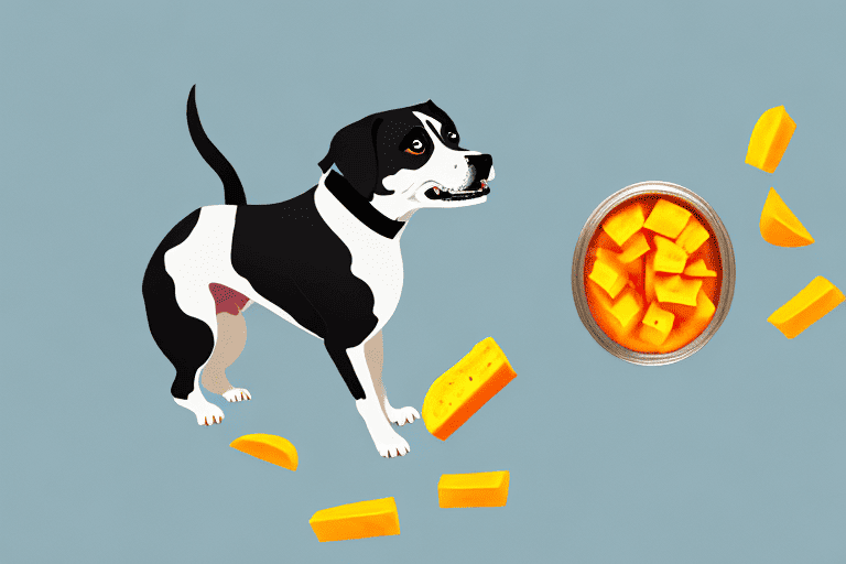 A curious dog sniffing a piece of freeze-dried mango on a kitchen floor