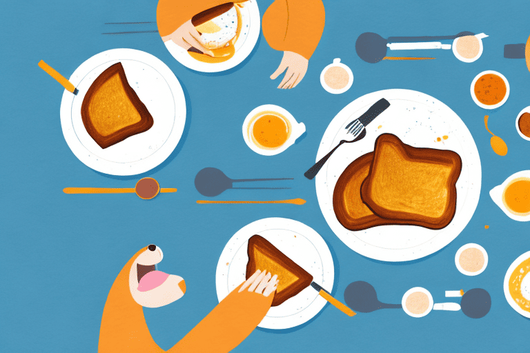 A curious dog sitting at a breakfast table with a plate of french toast in front of it