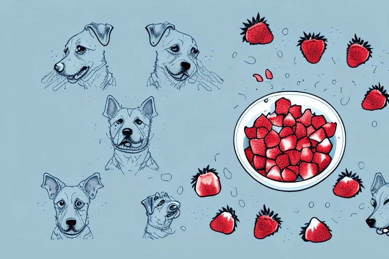 A curious dog sniffing a bowl of freeze dried strawberries