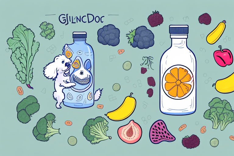 A curious dog sniffing a bottle labeled with a gluconic acid symbol