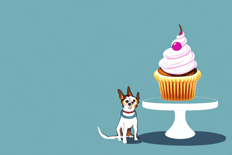 A curious dog looking at a cupcake with icing on top