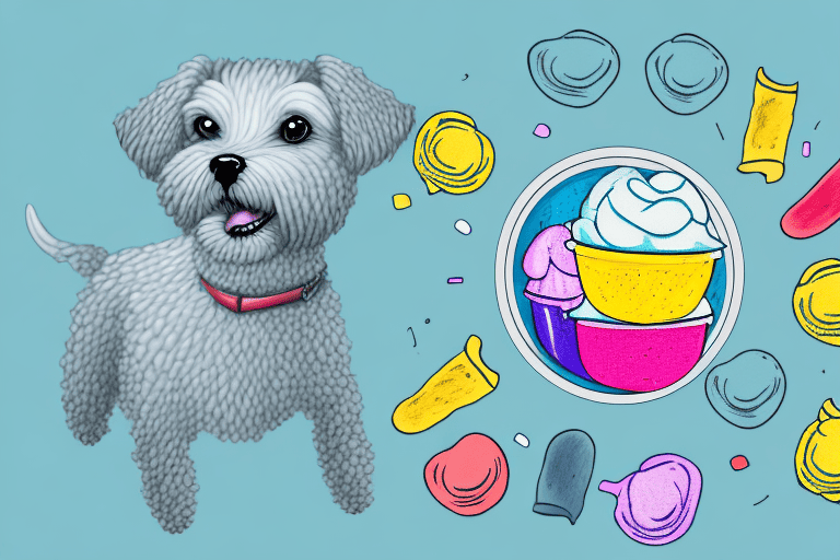 A curious dog looking at a bowl of colorful italian ice