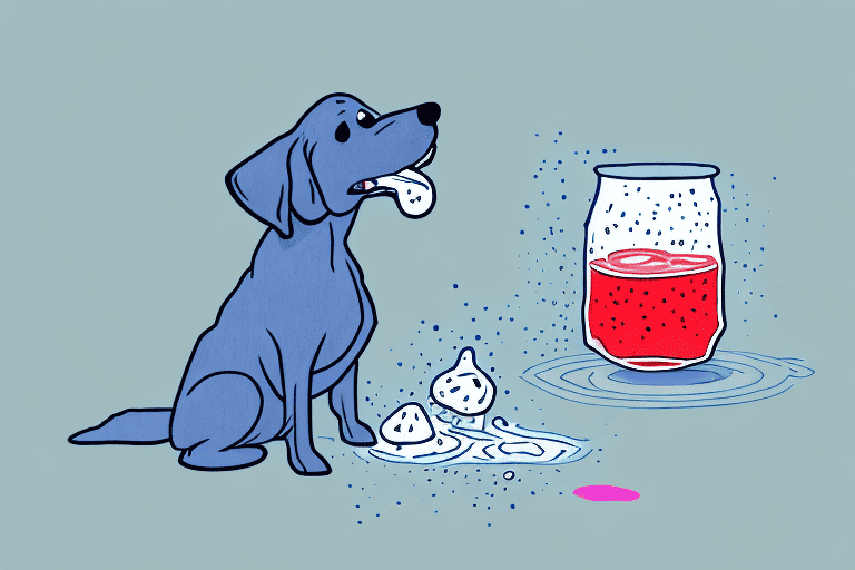 A curious dog looking at a spilled glass of kool aid on the floor