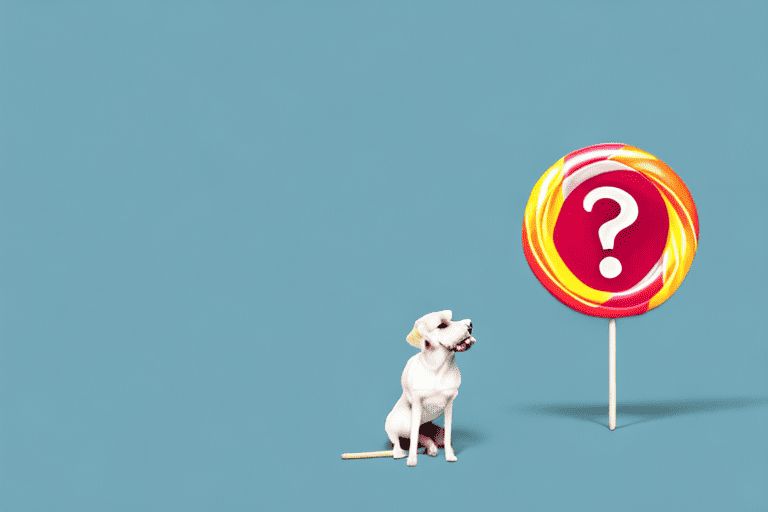 A curious dog looking at a lollipop on a table
