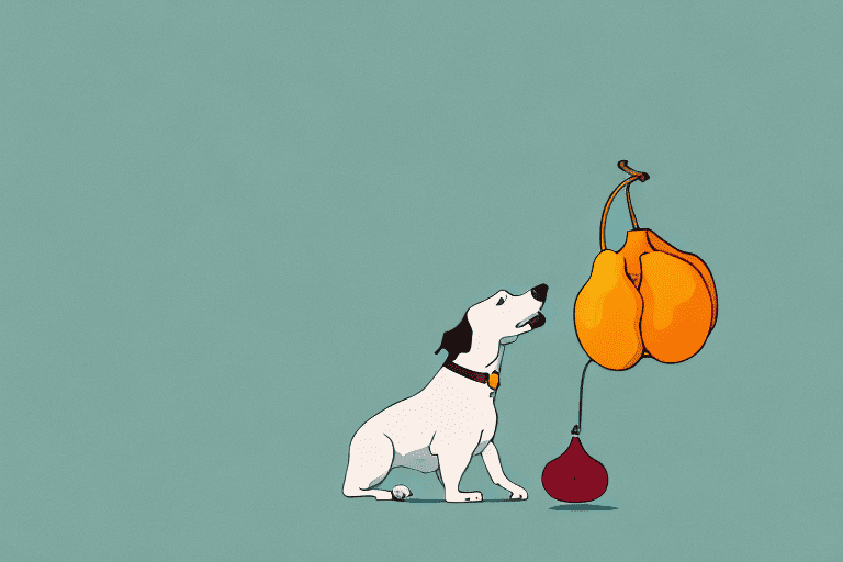 A curious dog sniffing a monk fruit lying on the ground