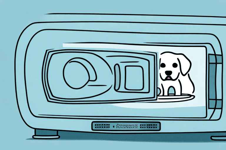 A curious dog sitting in front of a microwave