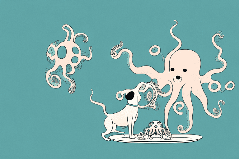A curious dog sniffing at a small octopus on a dinner plate