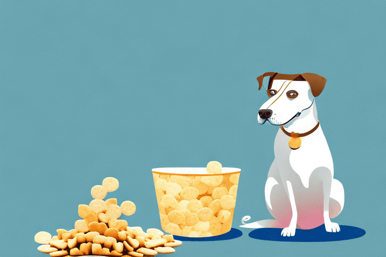 A curious dog sitting in front of a bowl of oyster crackers