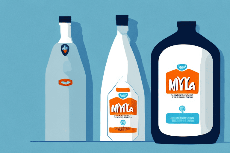 A worried-looking dog sitting next to a bottle of mylanta