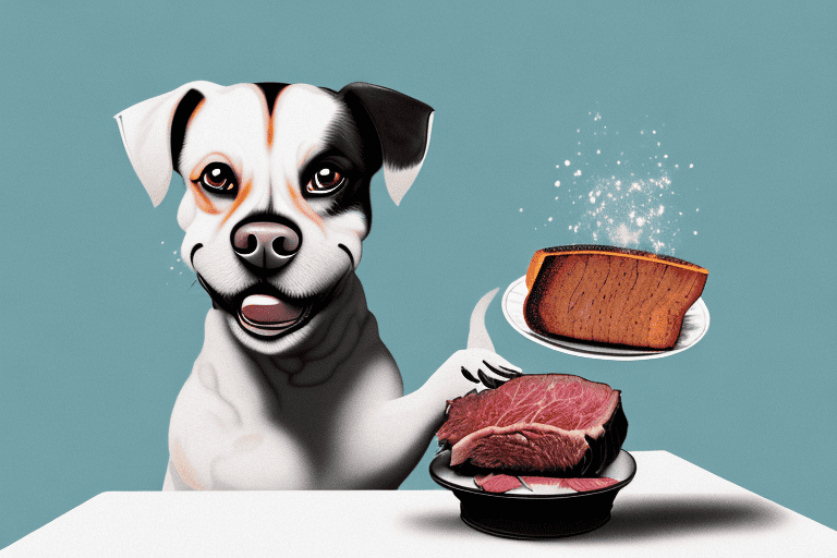 A curious dog sitting in front of a prime rib roast on a table