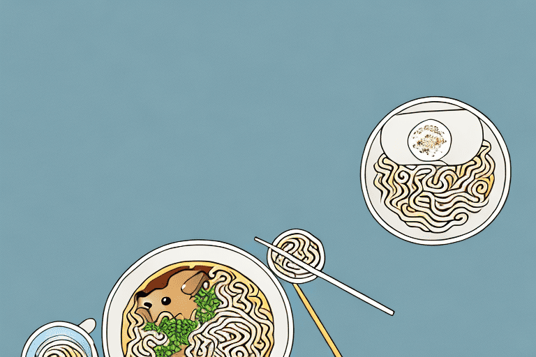 A curious dog sitting by a bowl of ramen