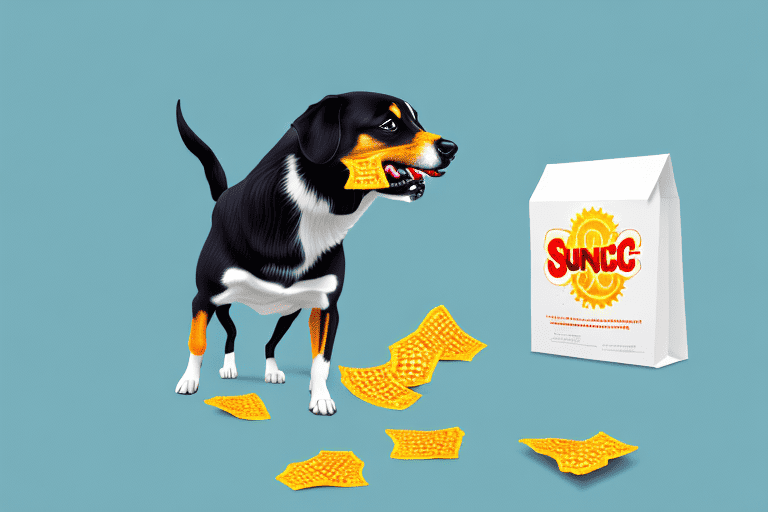 A curious dog sniffing a bag of sunchips placed on a table