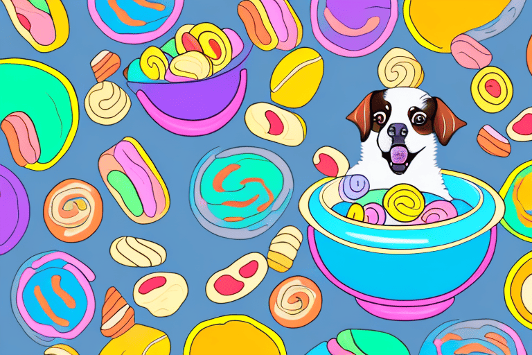 A curious dog sitting in front of a bowl filled with colorful sweet tarts