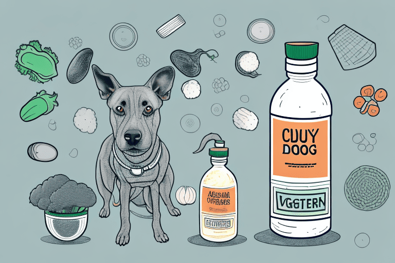A curious dog sniffing a bottle of vegetable glycerin placed next to a bowl of mixed vegetables