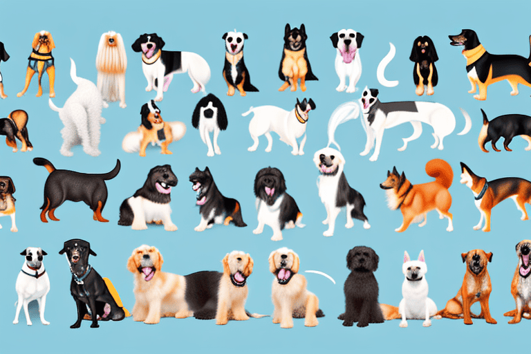 A variety of dogs of different sizes and breeds eagerly waiting in a line
