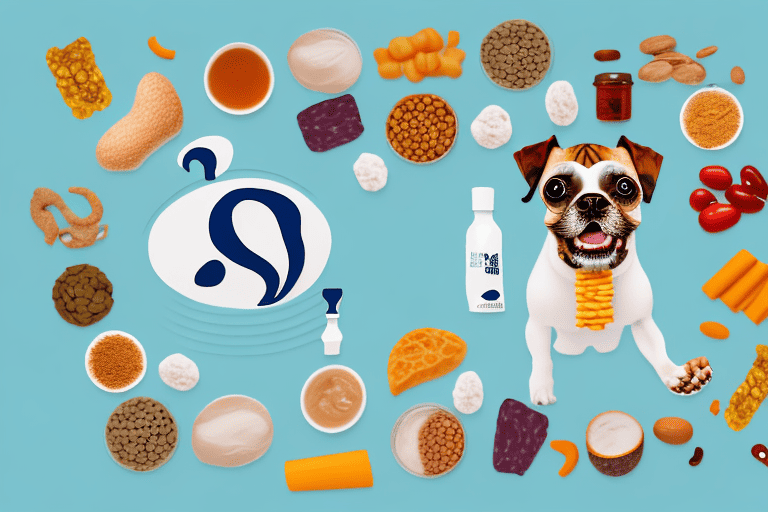 A dog surrounded by various foods and supplements known for their probiotic content