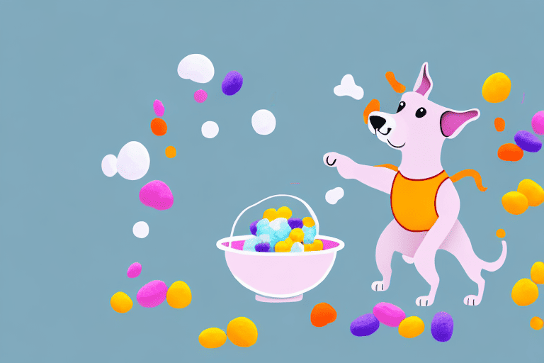 A curious dog sniffing at a bowl of colorful baby puffs placed on the floor