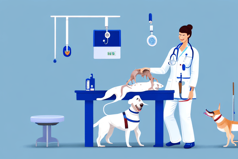 A veterinarian in scrubs performing a c-section on a dog