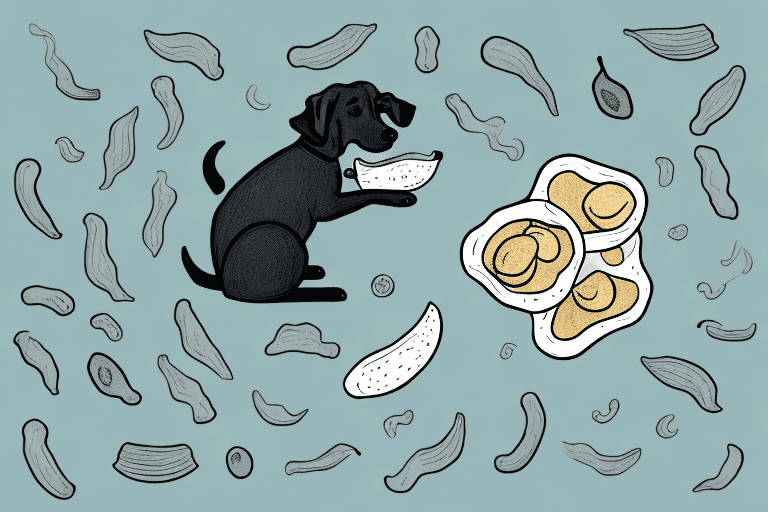 A curious dog sniffing a pile of cardamom pods on a table