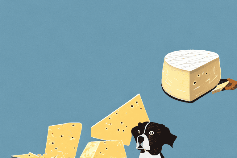 A curious dog sitting in front of a piece of gouda cheese
