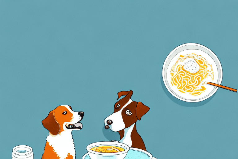 A curious dog sitting next to a bowl of egg drop soup