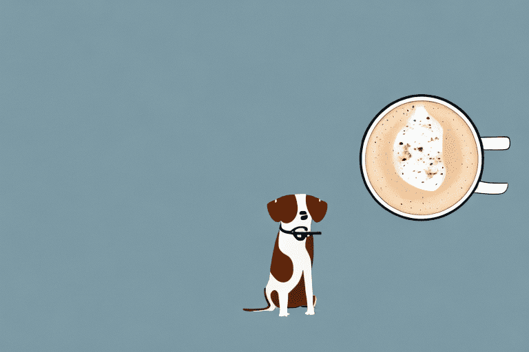 A curious dog looking longingly at a steaming mug of hot chocolate placed on a table