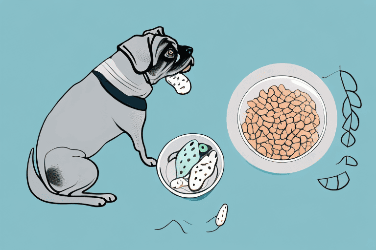 A curious dog sniffing a locust bean pod