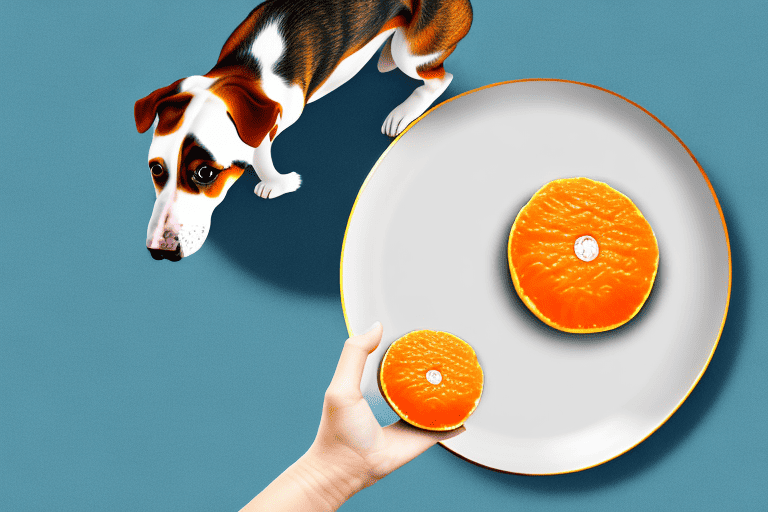 A curious dog looking at a peeled mandarin on a plate