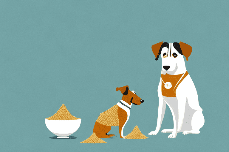 A curious dog sitting next to a bowl of millet