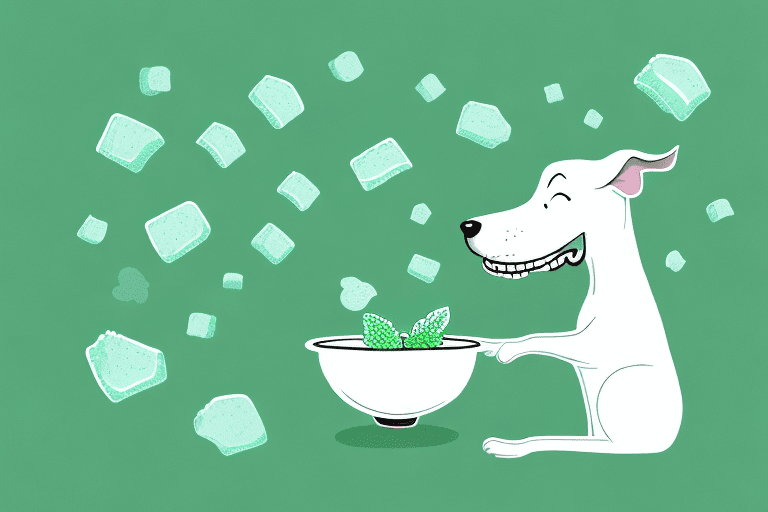 A curious dog sniffing a bowl of mint ice cream with a few mint leaves scattered around