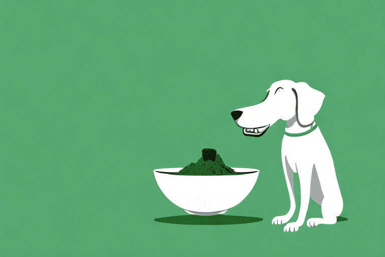 A curious dog sniffing a small bowl of green moringa powder