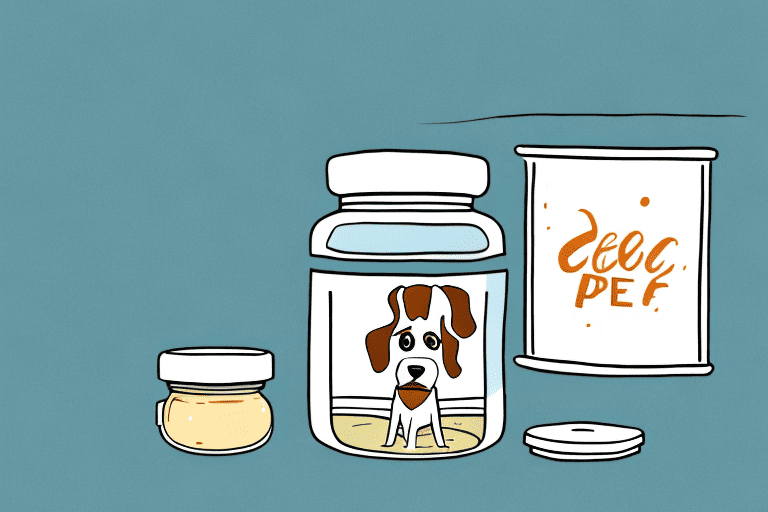 A dog looking curiously at a jar of pectin placed on a table
