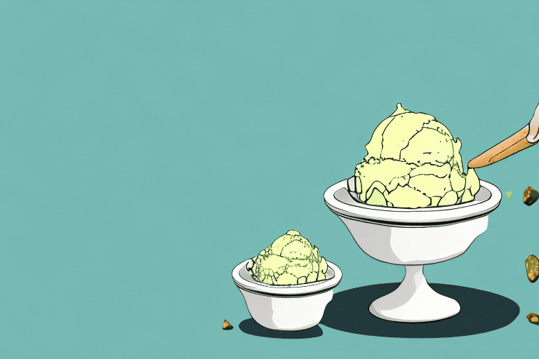 A curious dog looking longingly at a bowl of pistachio ice cream placed on a table