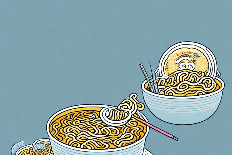 A curious dog sitting in front of a bowl of ramen noodles