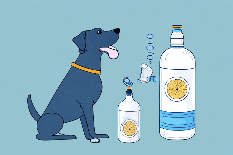 A curious dog looking at a bottle of smart water placed on the floor