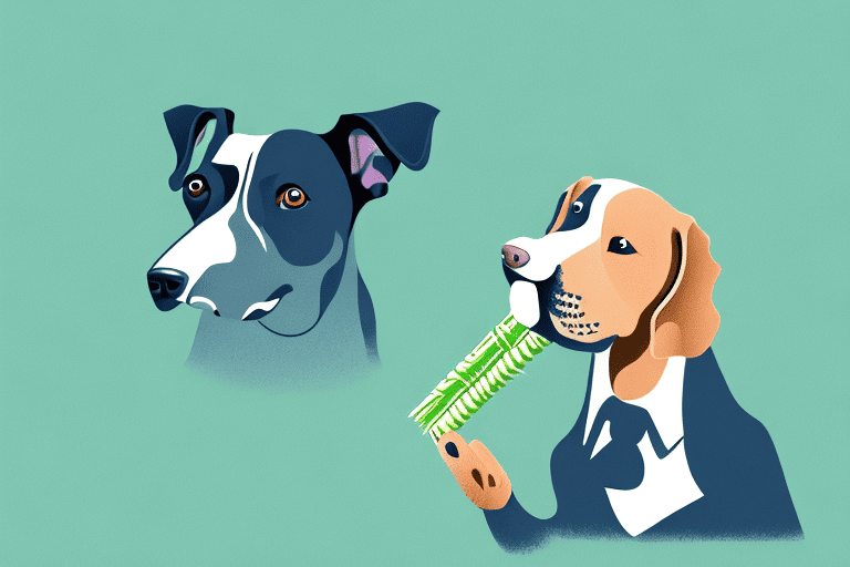 A curious dog sniffing a piece of sugarcane