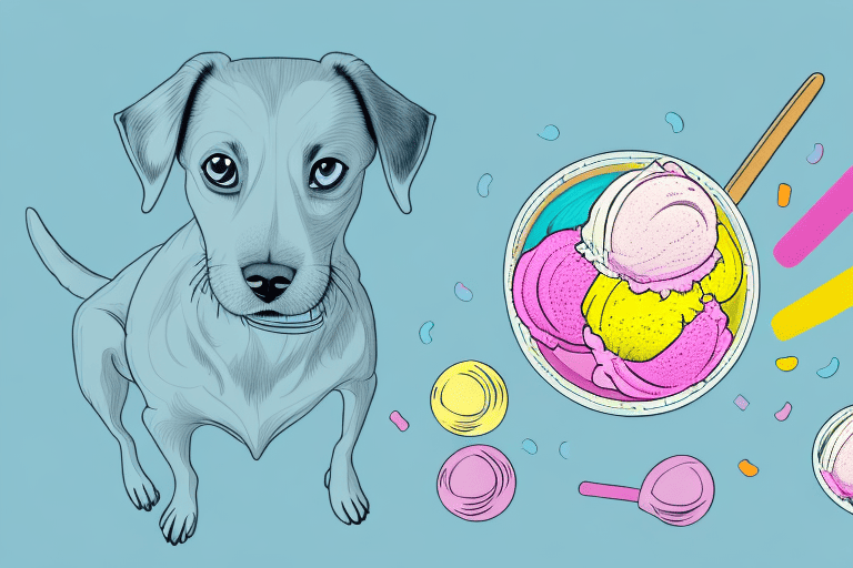 A curious dog looking at a bowl of colorful sorbet ice cream