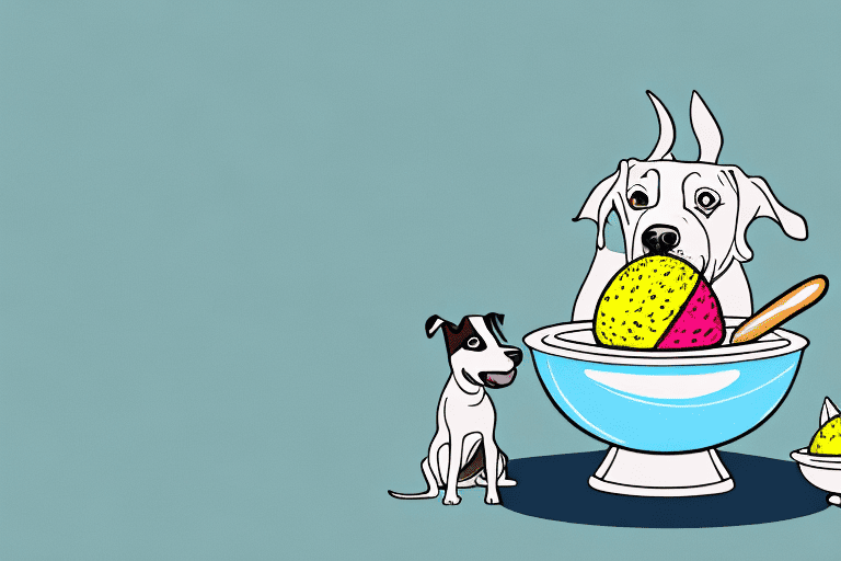 A curious dog looking at a bowl of colorful sorbet with a questioning expression