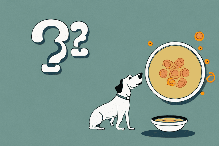 A curious dog looking at a bowl of vegetable broth with visible onion pieces in it