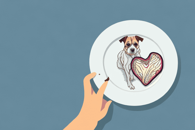 A curious dog looking at a turkey heart placed on a plate