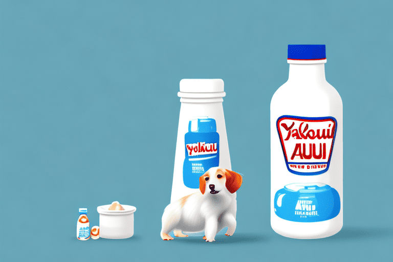 A curious dog looking at a bottle of yakult placed on a table
