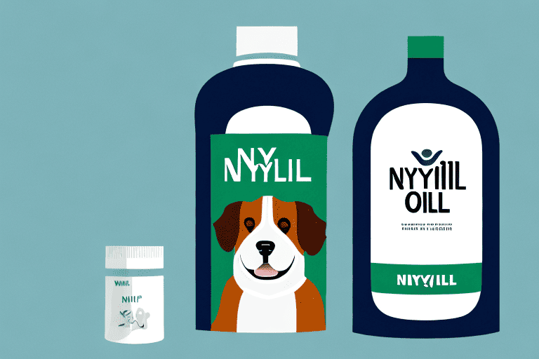 A concerned dog sitting next to a bottle of nyquil on a table